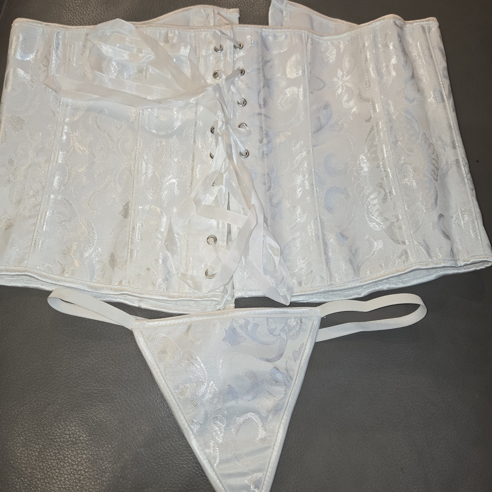 White Satin Corset and Thong Set